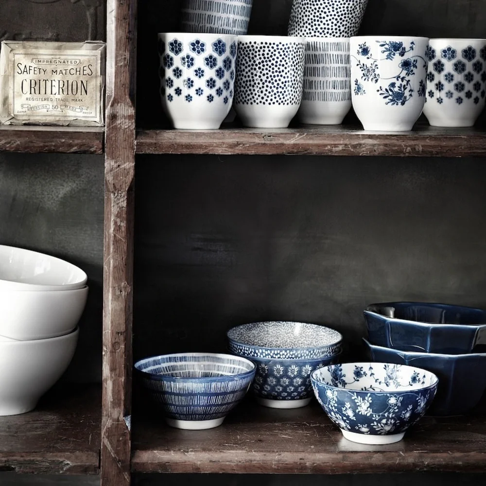 IKEA ENTUSIASM Patterned Blue Bowls, Set of 8, 4 ½” Diameter asian